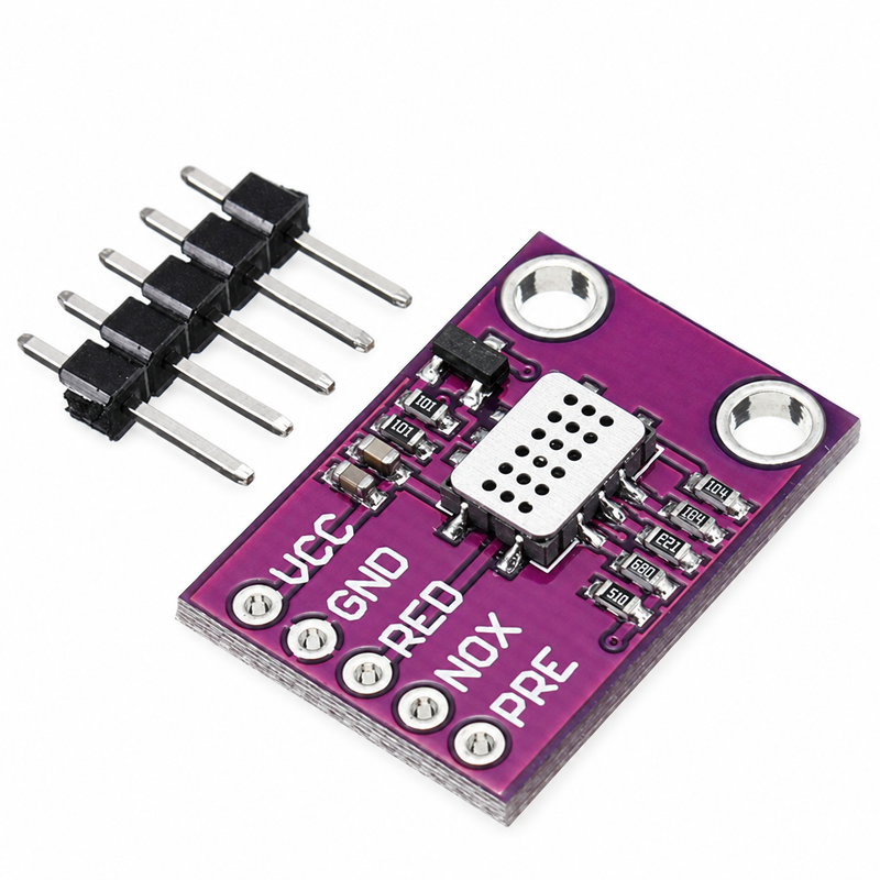 Angled CJMCU-4541 gas sensor board shown beside a loose five-pin header