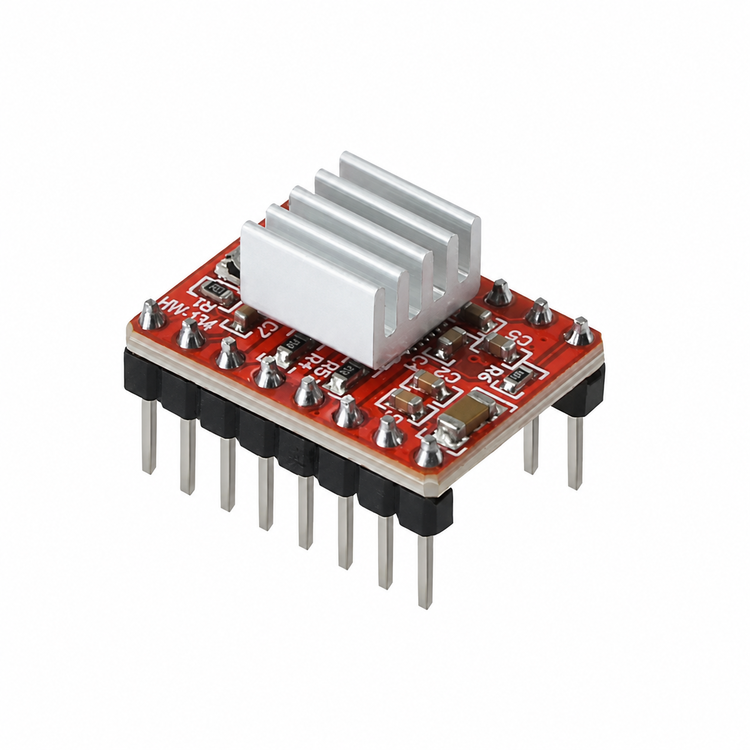 Red A4988 StepStick motor driver module with installed aluminum heatsink