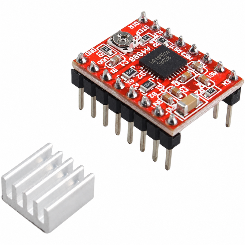 Red A4988 driver module shown with the separate aluminum heatsink