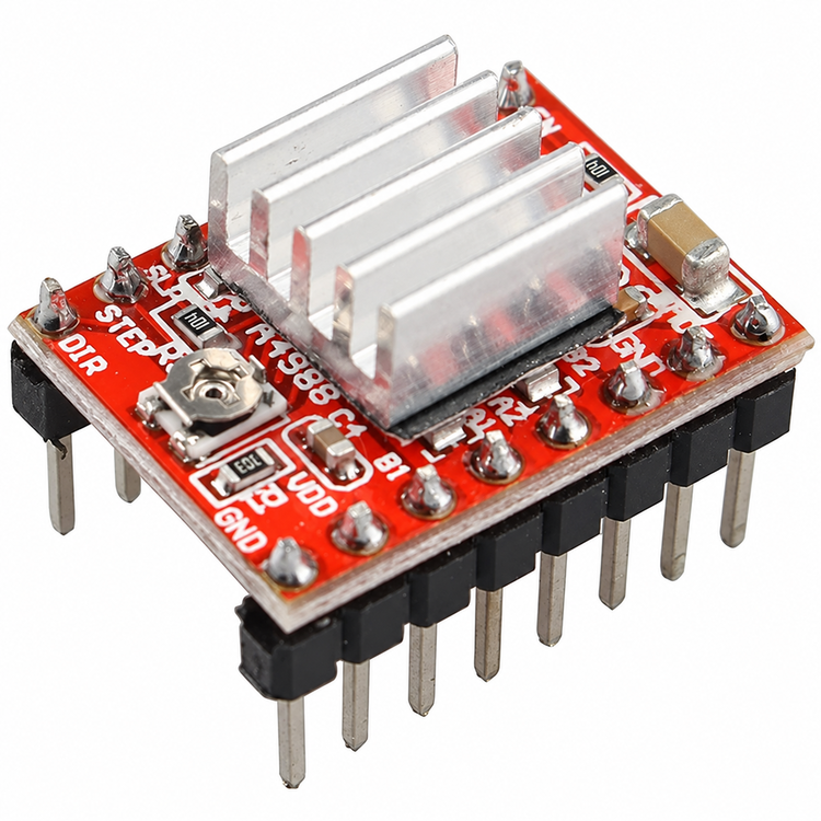 Close-up of the red A4988 module current potentiometer and heatsink