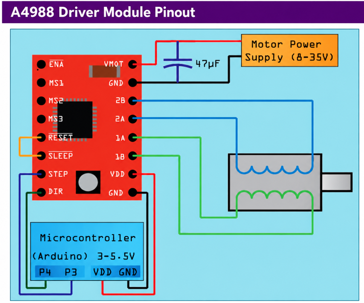 A4988 red module pinout and minimal connection diagram