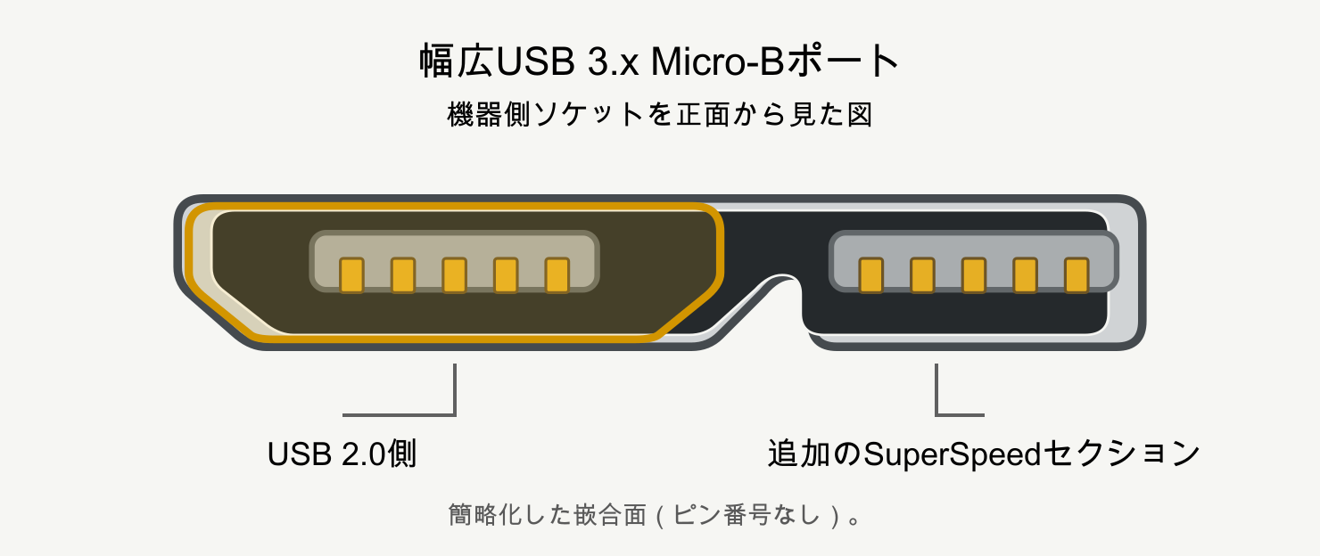 この正面図において左側のUSB 2.0セクションが強調表示された、幅広USB 3.x Micro-B機器側ポート。
